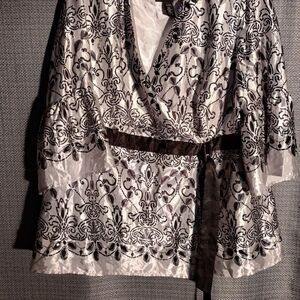Lane Bryant Sheer Embroidered Wrap Blouse – Black & White Baroque Print